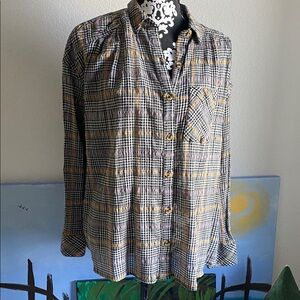 Free People Yellow and Black Plaid Button Down Shirt